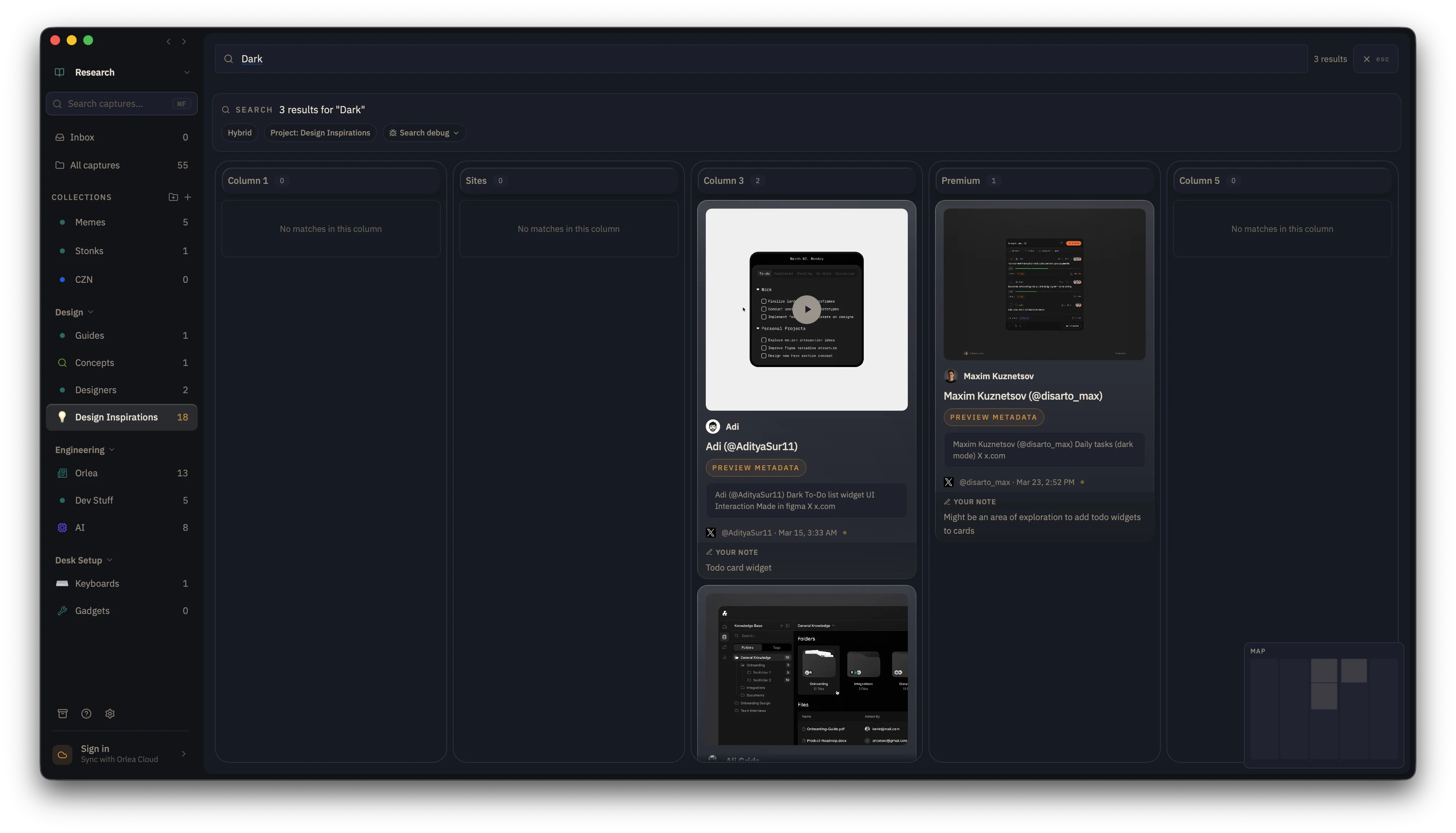 Orlea app showing search results across all collections